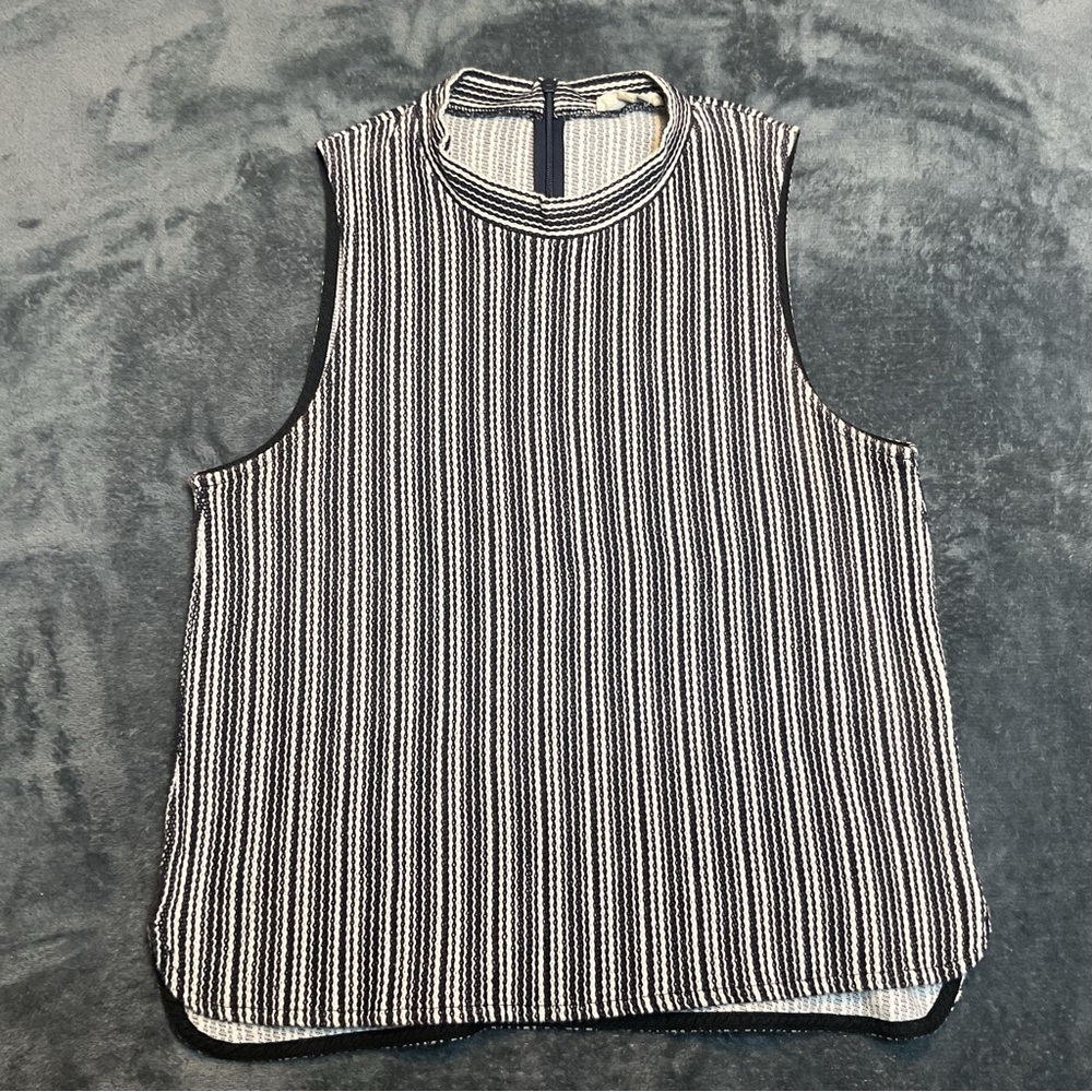 Madewell ‘Jessa’ Tank Blouse Women’s L Black White Striped Mock Neck Back Zip